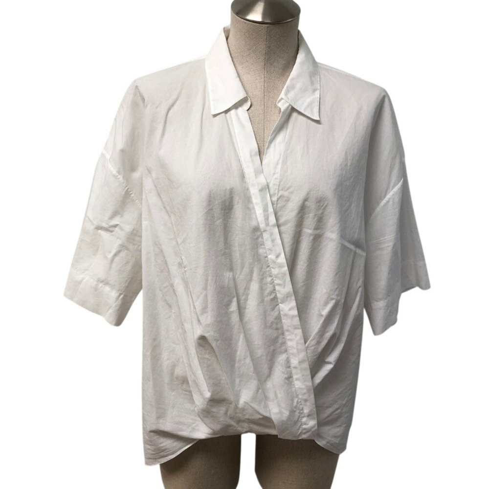 Theory SS Twist Shirt Womens Large White Cotton Draped Wrap Short Sleeve Blouse